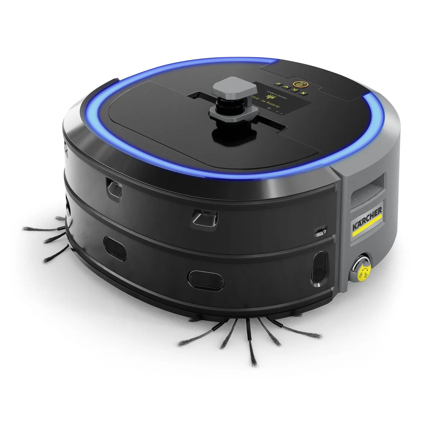 Kärcher KIRA CV 50 : Photo produit détourée du KIRA CV 50 en vue 3/4 : corps noir, anneau LED bleu, brosses latérales visibles (1600×1600)