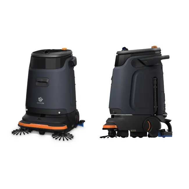 KEENON KLEENBOT C55 : Deux vues détourées du C55 sur fond blanc : 3/4 avant et profil avec raclette (section « Product Parameters », 650 x 650 px, sous 1000 px)