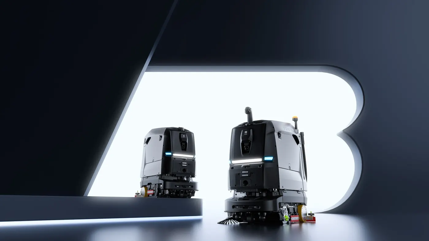 PUDU BG1 : Visuel d'en-tête : deux robots BG1 Pro devant un grand « B » lumineux (1920x1080)